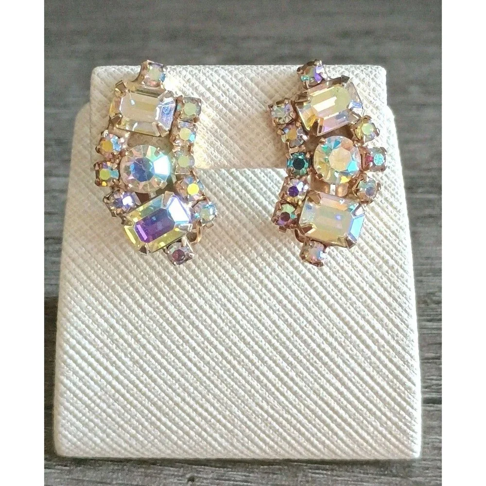 Aurora Borealis AB Crystal Silver Tone Curved Clip On Vintage Earrings